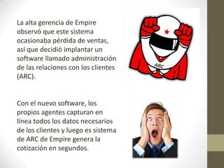 La alta gerencia de Empire observó que este sistema ocasionaba pérdida de ventas, así que decidió implantar un software llamado administración de las relaciones con los clientes (ARC). Con el nuevo software, los propios agentes capturan en línea todos los datos necesarios de los clientes y luego es sistema de ARC de Empire genera la cotización en segundos. ARC