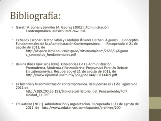 Bibliografía:Gareth R. Jones y Jennifer M. George (2003). Administración 	Contemporánea. México: McGraw-Hill.Ceballos Escobar Héctor Fabio y Londoño Álvarez Hernan. Algunos 	Conceptos Fundamentales de la aAdministración Contemporánea. 	Recuperado el 21 de agosto de 2011, de 	http://dspace.icesi.edu.co/dspace/bitstream/item/2683/1/Alguno	s_conceptos_fundamentales.pdfBallina Ríos Francisco (2006). Diferencias En La Administración 	Premoderna, Moderna Y Posmoderna: Propuestas Para Un Debate 	En Latinoamérica. Recuperado el 21 de agosto de 2011, de 	http://www.ejournal.unam.mx/pde/pde144/PDE14409.pdfLa historia y la administración contemporánea. Recuperdao el 21 de 	agosto de 2011,de 	http://189.203.26.193/Biblioteca/Historia_del_Pensamiento/Pdf/	Unidad_11.PdfEdukativos (2011). Adminitración y organización. Recuperado el 21 de agosto de 	2011, de 	http://www.edukativos.com/apuntes/archives/200