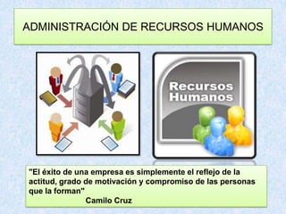 ADMINISTRACIÓN DE RECURSOS HUMANOS




"El éxito de una empresa es simplemente el reflejo de la
actitud, grado de motivación y compromiso de las personas
que la forman"
               Camilo Cruz
 