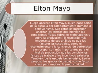 Elton Mayo
Luego aparece Elton Mayo, quien hace parte
de la escuela del comportamiento humano o
behaviorismo. Sus estudios buscaban
analizar los efectos que ejercían las
condiciones físicas sobre los trabajadores y
sobre la producción. El resultado más
importante de sus análisis es que los
factores psicosociales, como el
reconocimiento y la conciencia de pertenecer
a un grupo, son más importantes para el
nivel de producción que las condiciones
físicas de trabajo y los incentivos salariales.
También, de la escuela behaviorista, Lewin
propuso los grupos de trabajo como factor
clave para mejorar la productividad.
 