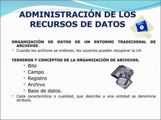 ADMINISTRACIÓN DE LOS RECURSOS DE DATOS ,[object Object],[object Object],[object Object],[object Object],[object Object],[object Object],[object Object],[object Object],[object Object]