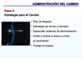 Paso 4 Estrategia para el Cambio ADMINISTRACIÓN DEL CAMBIO Plan de Negocio Estrategia de ventas y mercado Desarrollar sistemas de administraci ó n Invitar y motivar a todos a unirse  al crecimiento Trabajo en equipo 