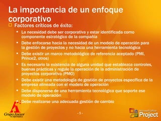 La importancia de un enfoque corporativo Factores críticos de éxito: La necesidad debe ser corporativa y estar identificada como componente estratégico de la compañía Debe enfocarse hacia la necesidad de un modelo de operación para la gestión de proyectos y no hacia una herramienta tecnológica Debe existir un marco metodológico de referencia aceptado (PMI, Prince2, otros) Es necesario la existencia de alguna unidad que establezca controles, buenas prácticas y regule la operación de la administración de proyectos corporativa (PMO) Debe existir una metodología de gestión de proyectos específica de la empresa alineada con el modelo de operación Debe disponerse de una herramienta tecnológica que soporte ese modelo de operación Debe realizarse una adecuada gestión de cambio -   - 