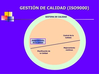 GESTIÓN DE CALIDAD (ISO9000) SISTEMA DE CALIDAD Aseguramiento de la calidad Control de la Calidad. Planificación de la Calidad Mejoramiento continuo 