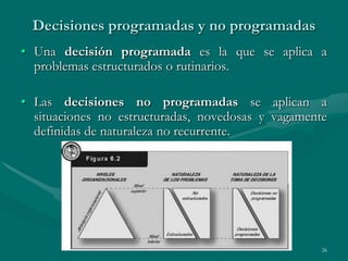 Decisiones programadas y no programadas
• Una decisión programada es la que se aplica a
  problemas estructurados o rutinarios.

• Las decisiones no programadas se aplican a
  situaciones no estructuradas, novedosas y vagamente
  definidas de naturaleza no recurrente.




                                                    26
 