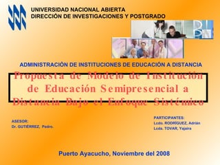UNIVERSIDAD NACIONAL ABIERTA DIRECCIÓN DE INVESTIGACIONES Y POSTGRADO ADMINISTRACIÓN DE INSTITUCIONES DE EDUCACIÓN A DISTANCIA Puerto Ayacucho, Noviembre del 2008 PARTICIPANTES: Lcdo. RODRÍGUEZ, Adrián Lcda. TOVAR, Yajaira ASESOR: Dr. GUTIÉRREZ,  Pedro. Propuesta de Modelo de Institución de Educación Semipresencial a Distancia Bajo el Enfoque Sistémico 