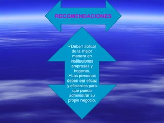 RECOMENDACIONES




   Deben aplicar
      de la mejor
      manera en
     instituciones
      empresas y
       hogares.
   Las personas
   deben ser eficaz
   y eficientes para
      que pueda
    administrar su
   propio negocio.
 
