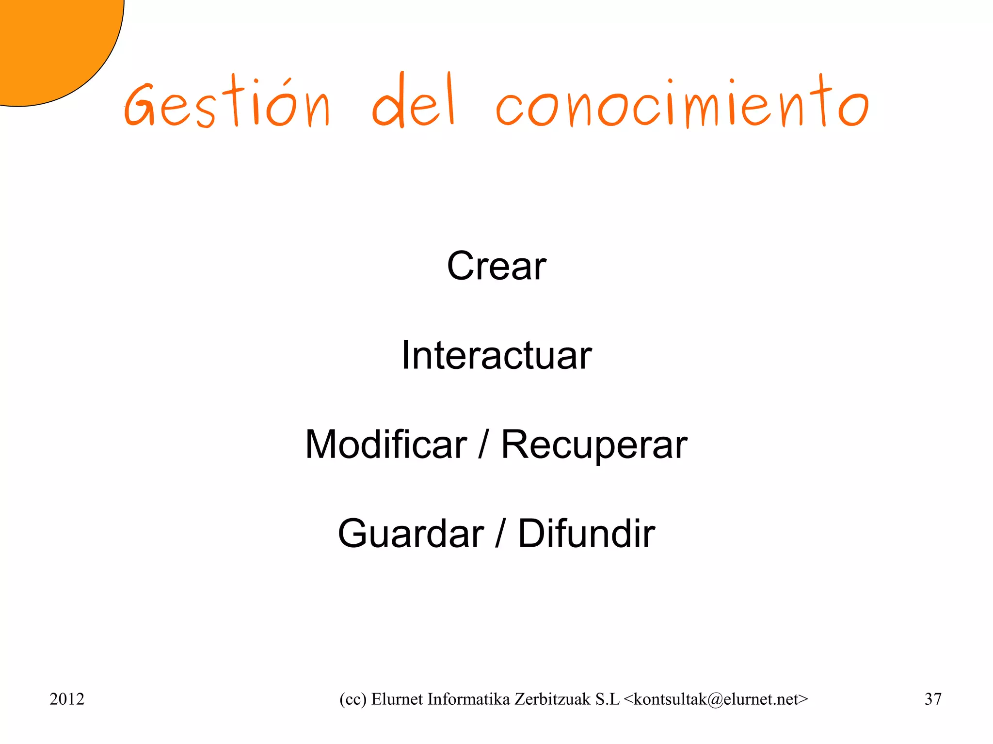 Gestión del conocimiento

                            Crear

                      Interactuar

            Modificar / Recuperar

             Guardar / Difundir


2012          (cc) Elurnet Informatika Zerbitzuak S.L <kontsultak@elurnet.net>   37
 