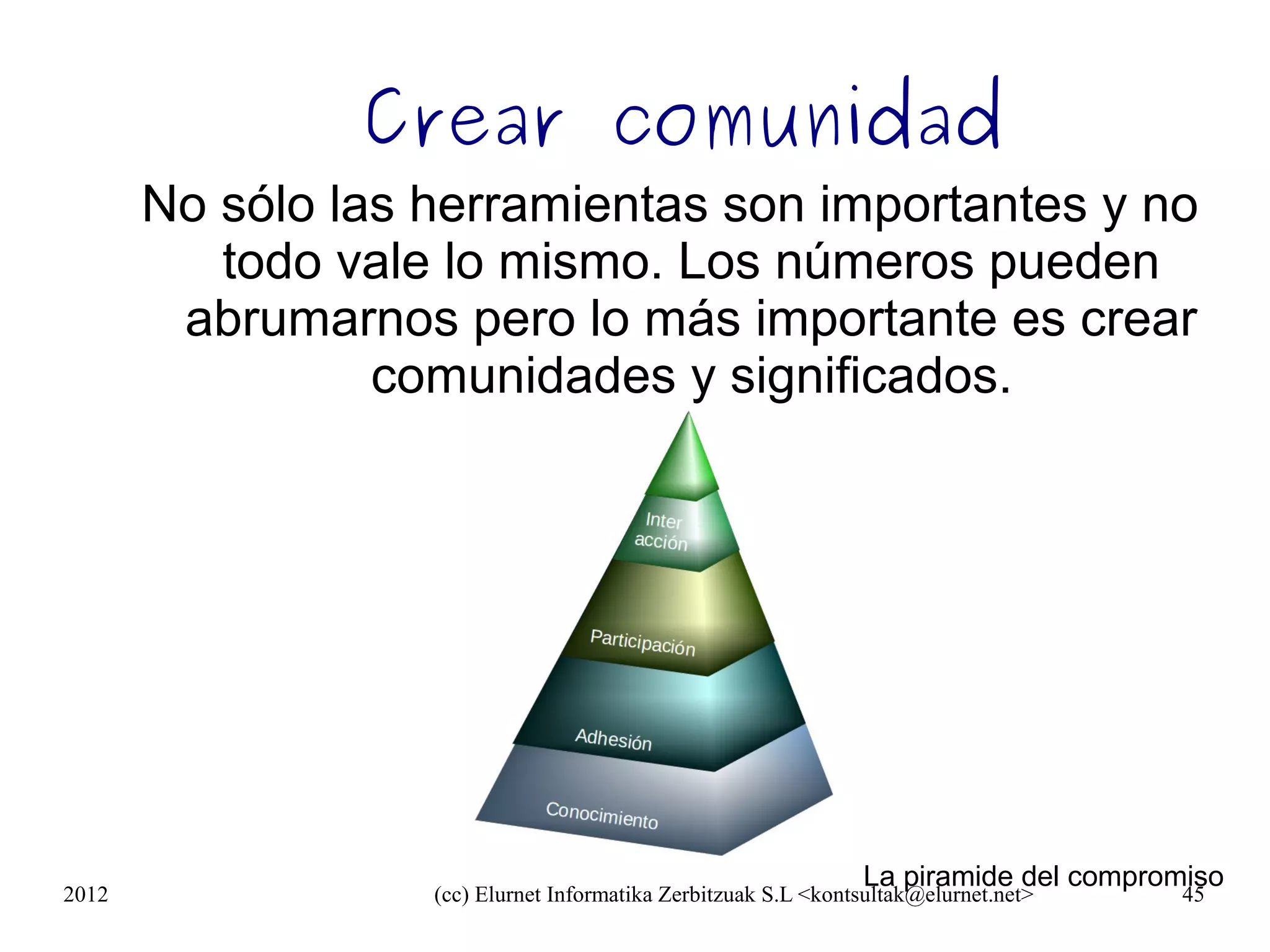 Crear comunidad
       No sólo las herramientas son importantes y no
          todo vale lo mismo. Los números pueden
        abrumarnos pero lo más importante es crear
                 comunidades y significados.




                                                                La piramide del compromiso
2012               (cc) Elurnet Informatika Zerbitzuak S.L <kontsultak@elurnet.net>   45
 