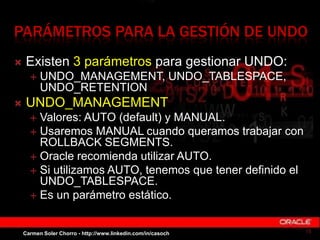 PARÁMETROS PARA LA GESTIÓN DE UNDO
 Existen 3 parámetros para gestionar UNDO:
 UNDO_MANAGEMENT, UNDO_TABLESPACE,
UNDO_RE...