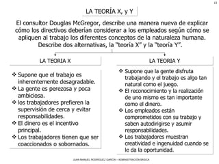 LA TEORÍA X, y Y El consultor Douglas McGregor, describe una manera nueva de explicar cómo los directivos deberían considerar a los empleados según cómo se apliquen al trabajo los diferentes conceptos de la naturaleza humana. Describe dos alternativas, la “teoría X” y la “teoría Y”.   LA TEORIA X LA TEORIA Y Supone que el trabajo es inherentemente desagradable. La gente es perezosa y poca ambiciosa.  los trabajadores prefieren la supervisión de cerca y evitar responsabilidades.  El dinero es el incentivo principal. Los trabajadores tienen que ser coaccionados o sobornados.    Supone que la gente disfruta trabajando y el trabajo es algo tan natural como el juego.  El reconocimiento y la realización de uno mismo es tan importante como el dinero.  Los empleados están comprometidos con su trabajo y saben autodirigirse y asumir responsabilidades.  Los trabajadores muestran creatividad e ingenuidad cuando se le da la oportunidad.  