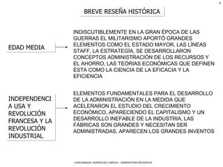 BREVE RESEÑA HISTÓRICA EDAD MEDIA INDISCUTIBLEMENTE EN LA GRAN ÉPOCA DE LAS GUERRAS EL MILITARISMO APORTÓ GRANDES ELEMENTOS COMO EL ESTADO MAYOR, LAS LÍNEAS STAFF, LA ESTRATEGÍA, SE DESARROLLARON CONCEPTOS ADMINISTRACIÓN DE LOS RECURSOS Y EL AHORRO, LAS TEÓRIAS ECONÓMICAS QUE DEFINEN ÉSTA COMO LA CIENCIA DE LA EFICACIA Y LA EFICIENCIA INDEPENDENCIA USA Y REVOLUCIÓN FRANCESA Y LA REVOLUCIÓN INDUSTRIAL ELEMENTOS FUNDAMENTALES PARA EL DESARROLLO DE LA ADMINISTRACIÓN EN LA MEDIDA QUE ACELERARON EL ESTUDIO DEL CRECIMIENTO ECONÓMICO, APARECIENDO EL CAPITALISMO Y UN DESARROLLO INEFABLE DE LA INDUSTRIA, LAS FÁBRICAS SON GRANDES Y NECESITAN SER ADMINISTRADAS, APARECEN LOS GRANDES INVENTOS 