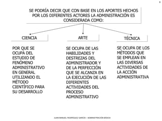 SE PODRÍA DECIR QUE CON BASE EN LOS APORTES HECHOS POR LOS DIFERENTES ACTORES LA ADMINISTRACIÓN ES CONSIDERADA COMO: CIENCIA POR QUE SE OCUPA DEL ESTUDIO DE FENÓMENO ADMINISTRATIVO EN GENERAL UTILIZANDO EL MÉTODO CIENTÍFICO PARA SU DESARROLLO  ARTE SE OCUPA DE LAS HABILIDADES Y DESTREZAS DEL ADMINISTRADOR Y DE LA PERFECCIÓN QUE SE ALCANZA EN LA EJECUCIÓN DE LAS DIFERENTES ACTIVIDADES DEL PROCESO ADMINISTRATIVO TÉCNICA SE OCUPA DE LOS MÉTODOS QUE SE EMPLEAN EN LAS DIVERSAS ACTIVIDADES DE LA ACCIÓN ADMINISTRATIVA 