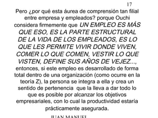 17
Pero ¿por qué esta áurea de comprensión tan filial
entre empresa y empleados? porque Ouchi
considera firmemente que UN EMPLEO ES MÁS
QUE ESO, ES LA PARTE ESTRUCTURAL
DE LA VIDA DE LOS EMPLEADOS, ES LO
QUE LES PERMITE VIVIR DONDE VIVEN,
COMER LO QUE COMEN, VESTIR LO QUE
VISTEN, DEFINE SUS AÑOS DE VEJEZ...,
entonces, si este empleo es desarrollado de forma
total dentro de una organización (como ocurre en la
teoría Z), la persona se integra a ella y crea un
sentido de pertenencia  que la lleva a dar todo lo
que es posible por alcanzar los objetivos
empresariales, con lo cual la productividad estaría
prácticamente asegurada.
 