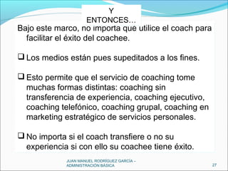 JUAN MANUEL RODRÍGUEZ GARCÍA –
ADMINISTRACIÓN BÁSICA 27
Bajo este marco, no importa qué utilice el coach para
facilitar el éxito del coachee.
 Los medios están pues supeditados a los fines.
 Esto permite que el servicio de coaching tome
muchas formas distintas: coaching sin
transferencia de experiencia, coaching ejecutivo,
coaching telefónico, coaching grupal, coaching en
marketing estratégico de servicios personales.
 No importa si el coach transfiere o no su
experiencia si con ello su coachee tiene éxito.
Bajo este marco, no importa qué utilice el coach para
facilitar el éxito del coachee.
 Los medios están pues supeditados a los fines.
 Esto permite que el servicio de coaching tome
muchas formas distintas: coaching sin
transferencia de experiencia, coaching ejecutivo,
coaching telefónico, coaching grupal, coaching en
marketing estratégico de servicios personales.
 No importa si el coach transfiere o no su
experiencia si con ello su coachee tiene éxito.
Y
ENTONCES…
Y
ENTONCES…
 