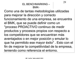 29
EL BENCHMARKING –
BMK-
EL BENCHMARKING –
BMK-
Como una de tantas metodologías utilizadas
para mejorar la dirección y correcto
funcionamiento de una empresa, se encuentra
el BMK, que se puede definir como un
"proceso PROACTIVO continuo de medir
productos y procesos propios con respecto a
los competidores que se encuentran más
aventajados o en mejor posición y emular lo
que ha permitido ese mayor éxito" . Esto con el
fin de mejorar la competitividad de la empresa,
teniendo como referencia el entorno.
Como una de tantas metodologías utilizadas
para mejorar la dirección y correcto
funcionamiento de una empresa, se encuentra
el BMK, que se puede definir como un
"proceso PROACTIVO continuo de medir
productos y procesos propios con respecto a
los competidores que se encuentran más
aventajados o en mejor posición y emular lo
que ha permitido ese mayor éxito" . Esto con el
fin de mejorar la competitividad de la empresa,
teniendo como referencia el entorno.
 