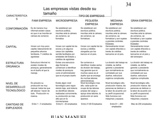 34
Las empresas vistas desde su
tamaño
Las empresas vistas desde su
tamañoCARACTERÍSTICA
S
TIPO DE EMPRESAS
FAMI EMPRESA MICROEMPRESA PEQUEÑA
EMPRESA
MEDIANA
EMPRESA
GRAN EMPRESA
CONFORMACIÓN Es de manera muy
informal existen casos
en que ni se inscribe en
cámara de comercio
Se establecen por
escritura pública,
inscritas ante la cámara
de comercio, se
formaliza
Se establecen por
escritura pública,
inscritas ante la cámara
de comercio, se
formalizan.
Se establecen por
escritura pública,
inscritas ante la cámara
de comercio, se
formalizan y son sujetas
a grandes controles
Estatales.
Se establecen por
escritura pública,
inscritas ante la cámara
de comercio, se
formalizan y son sujetas
a grandes controles
Estatales
CAPITAL Inician con muy poco
capital, básicamente de
pequeños ahorros
familiares. Y créditos de
agiotistas
Inician con capital de los
socios y en algunos
casos con capitales
semilla facilitados por
entidades del Estado y
créditos de agiotistas
Inician con capital de los
socios y créditos
otorgados por los
bancos en el país.
Generalmente inician
con capital ofrecidos a
través de créditos
bancarios en el país.
Generalmente inician
con capital ofrecidos a
través de créditos
bancarios en el país y
del extranjero
ESTRUCTURA
ORGÁNICA
Estructura informal no
existen niveles de
jerarquía, generalmente
es el dueño el que la
maneja
Existe una estructura
algo formal se
comienzan a identificar
niveles de jerarquía
como el administrador
que es el propio dueño
Se comienza a
identificar niveles serios
de división del trabajo,
hay gerente que en
muchos casos es el
dueño que se encarga
de muchas labores
administrativas.
La división del trabajo es
notable, se define
gerente o presidente
que normalmente es
contratado por sus
dueños, estructura
orgánica complicada.
La división del trabajo es
notable, se define
gerente o presidente
que normalmente es
contratado por sus
dueños, estructura
orgánica complicada.
NIVEL DE
DESARROLLLO
TECNOLÓGICO
Es precario su
producción es muy
manual, todos los que
allí laboran hacen de
todo. Producción no
masiva.
Existe algún nivel
tecnológico pero sigue
siendo bajo, acá todavía
se identifican labores
realizadas comúnmente,
su producción es mas
alta que en la
microempresa
Nivel tecnológico mas
alto, cada quien se
ocupa de las labores
propias del cargo y
apoya otras labores, la
producción en serie
aparece.
Nivel tecnológico alto,
producción masiva, las
personas se dedican a
la labor de acuerdo con
su perfil ocupacional.
Sólo funciona con
máquinas y equipos.
Nivel tecnológico alto,
producción masiva, las
personas se dedican a
la labor de acuerdo con
su perfil ocupacional.
Sólo funciona con
máquinas y equipos.
CANTIDAD DE
EMPLEADOS
Entre 1 – 5 empleados Entre 6 – 20 empleados Entre 21-60 Empleados Entre 61 – 200
empleados
Mas de 200 empleados
 