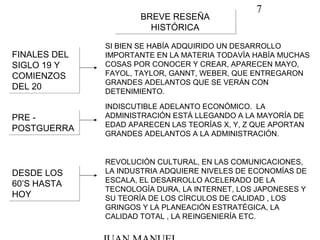 7
BREVE RESEÑA
HISTÓRICA
BREVE RESEÑA
HISTÓRICA
FINALES DEL
SIGLO 19 Y
COMIENZOS
DEL 20
FINALES DEL
SIGLO 19 Y
COMIENZOS
DEL 20
SI BIEN SE HABÍA ADQUIRIDO UN DESARROLLO
IMPORTANTE EN LA MATERIA TODAVÍA HABÍA MUCHAS
COSAS POR CONOCER Y CREAR, APARECEN MAYO,
FAYOL, TAYLOR, GANNT, WEBER, QUE ENTREGARON
GRANDES ADELANTOS QUE SE VERÁN CON
DETENIMIENTO.
PRE -
POSTGUERRA
PRE -
POSTGUERRA
INDISCUTIBLE ADELANTO ECONÓMICO. LA
ADMINISTRACIÓN ESTÁ LLEGANDO A LA MAYORÍA DE
EDAD APARECEN LAS TEORÍAS X, Y, Z QUE APORTAN
GRANDES ADELANTOS A LA ADMINISTRACIÓN.
DESDE LOS
60’S HASTA
HOY
DESDE LOS
60’S HASTA
HOY
REVOLUCIÓN CULTURAL, EN LAS COMUNICACIONES,
LA INDUSTRIA ADQUIERE NIVELES DE ECONOMÍAS DE
ESCALA, EL DESARROLLO ACELERADO DE LA
TECNOLOGÍA DURA, LA INTERNET, LOS JAPONESES Y
SU TEORÍA DE LOS CÍRCULOS DE CALIDAD , LOS
GRINGOS Y LA PLANEACIÓN ESTRATÉGICA, LA
CALIDAD TOTAL , LA REINGENIERÍA ETC.
 