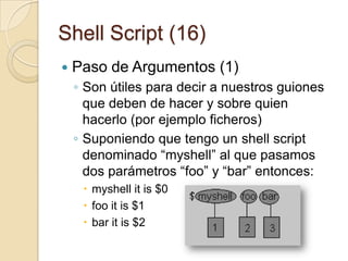 Shell Script (14)Sentencia exprSe utiliza para evaluar expresiones matemáticasSintaxis:expr op1 math-operator op2Ejemplos: $ expr 1 + 3$ expr 2 “-” 1$ expr 10 / 2El signo de multiplicación para expr es \*