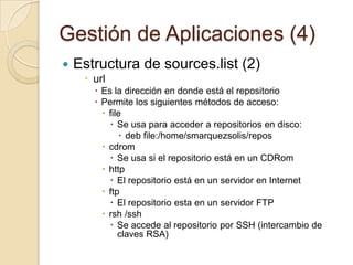 Gestión de Aplicaciones (2)Introducción (y 2)Existen múltiples aplicaciones para manipular la información de los repositorios, nosotros veremos:aptaptitudedpkg