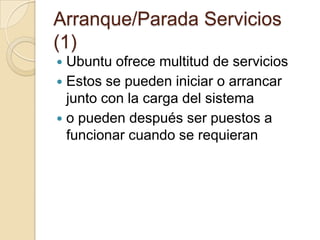 Procesos y Tareas (y 9)Programación de tareas con cron (y 4)Ejemplos:Ping al equipo 192.168.0.1 cada minuto, de cada hora, de cada día, de cada mes. * * * * * /sbin/ping -c 1 192.168.0.1 >> fichero Ping sólo se ejecute los días laborables de la semana (de Lunes a Viernes) a las 8:00 PM en punto y sólo durante el mes de octubre. 0 20 * 10 1-5 /sbin/ping -c 1 192.168.0.1 >> fichero Script de respaldo de lunes a domingo a medianoche (0:00 AM) los días 1, 15 y 28 de cada mes (para asegurarnos que en febrero también se haga) 0 0 1,15,28 * * /home/mmonrdz/scripts/respaldar.py 
