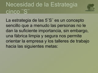 Necesidad de la Estrategia
cinco ¨S¨
La estrategia de las 5¨S¨ es un concepto
sencillo que a menudo las personas no le
dan la suficiente importancia, sin embargo,
una fábrica limpia y segura nos permite
orientar la empresa y los talleres de trabajo
hacia las siguientes metas:
 