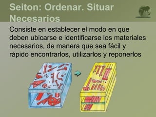 Seiton: Ordenar. Situar
Necesarios
Consiste en establecer el modo en que
deben ubicarse e identificarse los materiales
necesarios, de manera que sea fácil y
rápido encontrarlos, utilizarlos y reponerlos
 