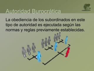 Autoridad Burocrática
La obediencia de los subordinados en este
tipo de autoridad es ejecutada según las
normas y reglas previamente establecidas.
 
