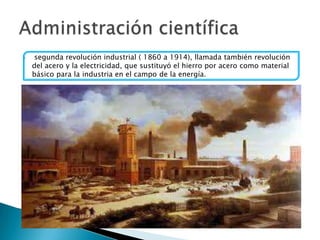 

segunda revolución industrial ( 1860 a 1914), llamada también revolución
del acero y la electricidad, que sustituyó el hierro por acero como material
básico para la industria en el campo de la energía.

 
