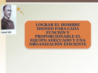 LOGRAR EL HOMBRE
IDONEO PARA CADA
FUNCION Y
PROPORCIONARLE EL
EQUIPO ADECUADO Y UNA
ORGANIZACIÓN EFICIENTE
.
 