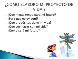  ¿Qué metas tengo para mi futuro?
 ¿Para que estoy aquí?
 ¿Qué propósitos tiene mi vida?
 ¿Qué voy hacer con mi vida?
 ¿Cómo será mi futuro?
 