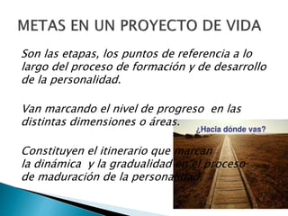 Son las etapas, los puntos de referencia a lo
largo del proceso de formación y de desarrollo
de la personalidad.
Van marcando el nivel de progreso en las
distintas dimensiones o áreas.
Constituyen el itinerario que marcan
la dinámica y la gradualidad en el proceso
de maduración de la personalidad.
 