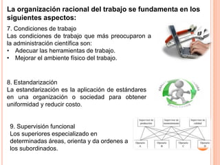 7. Condiciones de trabajo
Las condiciones de trabajo que más preocuparon a
la administración científica son:
• Adecuar las herramientas de trabajo.
• Mejorar el ambiente físico del trabajo.
La organización racional del trabajo se fundamenta en los
siguientes aspectos:
8. Estandarización
La estandarización es la aplicación de estándares
en una organización o sociedad para obtener
uniformidad y reducir costo.
9. Supervisión funcional
Los superiores especializado en
determinadas áreas, orienta y da ordenes a
los subordinados.
 
