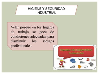 HIGIENE Y SEGURIDAD
               INDUSTRIAL



Velar porque en los lugares
de trabajo se goce de
condiciones adecuadas para
disminuir     los   riesgos
profesionales.
 