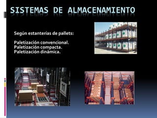SISTEMAS DE ALMACENAMIENTO
Según estanterías de pallets:
Paletización convencional.
Paletización compacta.
Paletización dinámica.
 