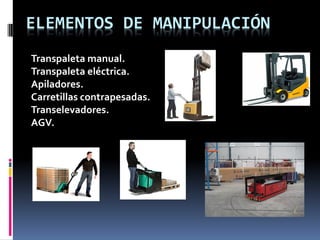 ELEMENTOS DE MANIPULACIÓN
Transpaleta manual.
Transpaleta eléctrica.
Apiladores.
Carretillas contrapesadas.
Transelevadores.
AGV.
 
