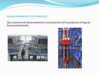ALMACENAMIENTO AUTOMATICO
Que el proceso de almacenamiento y manipulación de los productos se haga de
forma automatizada.
 