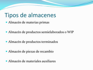 Tipos de almacenes
 Almacén de materias primas
 Almacén de productos semielaborados o WIP
 Almacén de productos terminados
 Almacén de piezas de recambio
 Almacén de materiales auxiliares
 