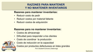 Razones para mantener inventarios:
• Reducir costo de pedir
• Reducir costos por material faltante
• Reducir costos de adquisición
Razones para no mantener inventarios:
• Costos de almacenaje
• Dificultad para responder a los clientes
• Costo de coordinar la producción
• Costo de reducción en la capacidad
• Costos por productos defectuosos en lotes grandes
RAZONES PARA MANTENER
Y NO MANTENER INVENTARIOS
Prof. Elizabeth Echeverry Saldarriaga
 