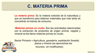 La materia prima: Es la materia extraída de la naturaleza y
que se transforma para elaborar materiales que más tarde se
convertirán en bienes de consumo.
•Materias primas en crudo: Son las actividades relacionadas
con la extracción de productos de origen animal, vegetal y
mineral se les llama materias primas en crudo.
Sector Primario = Agricultura, ganadería, explotación forestal,
pesca y minería (se aprovechas los
recursos sin modificarlos)
C. MATERIA PRIMA
 