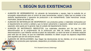 1. SEGÚN SUS EXISTENCIAS
• ALMACEN DE HERRAMIENTAS: Un almacén de herramientas y equipo, bajo la custodia de un
encargado especializado para el control de esas herramientas, equipo y útiles que se prestan a los
distintos departamentos y operarios de producción o de mantenimiento. Cabe mencionar: brocas,
machuelos, piezas de esmeril, etc.
• ALMACEN DE MATERIALES DE DESPERDICIO: Los productos partes o materiales rechazados por
el departamento de control y calidad y que no tienen salvamento o reparación, deben tener un control
separado; este queda por lo general, bajo el cuidado del departamento mismo.
• ALMACEN DE MATERIALES OBSOLETOS: Los materiales obsoletos son los que han sido
descontinuados en la programación de la producción por falta de ventas, por deterioro, por
descomposición o por haberse vencido el plazo de caducidad. La razón de tener un almacén especial
para este tipo de casos, es que los materiales obsoletos no deben ocupar los espacios disponibles
para aquellos que son de consumo actual.
• ALMACEN DE DEVOLUCIONES: Aquí llegan las devoluciones de los clientes, en el se separan y
clasifican los productos para reproceso, desperdicio y/o entrada a almacén.
Prof. Elizabeth Echeverry Saldarriaga
 