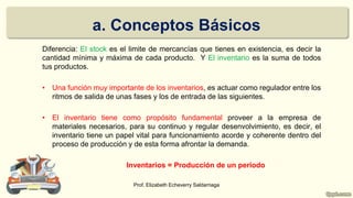 a. Conceptos Básicos
Diferencia: El stock es el limite de mercancías que tienes en existencia, es decir la
cantidad mínima y máxima de cada producto. Y El inventario es la suma de todos
tus productos.
• Una función muy importante de los inventarios, es actuar como regulador entre los
ritmos de salida de unas fases y los de entrada de las siguientes.
• El inventario tiene como propósito fundamental proveer a la empresa de
materiales necesarios, para su continuo y regular desenvolvimiento, es decir, el
inventario tiene un papel vital para funcionamiento acorde y coherente dentro del
proceso de producción y de esta forma afrontar la demanda.
Inventarios = Producción de un periodo
Prof. Elizabeth Echeverry Saldarriaga
 