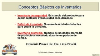 Conceptos Básicos de Inventarios
• Inventario de seguridad. Existencia del producto para
cubrir cualquier eventualidad en la demanda
• Déficit de inventario. Numero de unidades faltantes
para cubrir la demanda.
• Inventario promedio. Número de unidades promedio
de producto almacenado durante un periodo de
tiempo.
Inventario Prom.= Inv. Inic. + inv. Final /2
Prof. Elizabeth Echeverry Saldarriaga
 