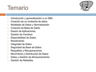 TemarioIntroducción y generalización a un DBACreación de un ambiente de datosModelado de Datos y NormalizaciónCreación de Base de DatosDiseño de AplicacionesGestión de Cambios Disponibilidad de DatosRendimientoIntegridad de DatosSeguridad de Base de DatosRespaldos y RecuperacionesMovimiento y Distribución de DatosDatos y Gestión de AlmacenamientoGestión de Metadata