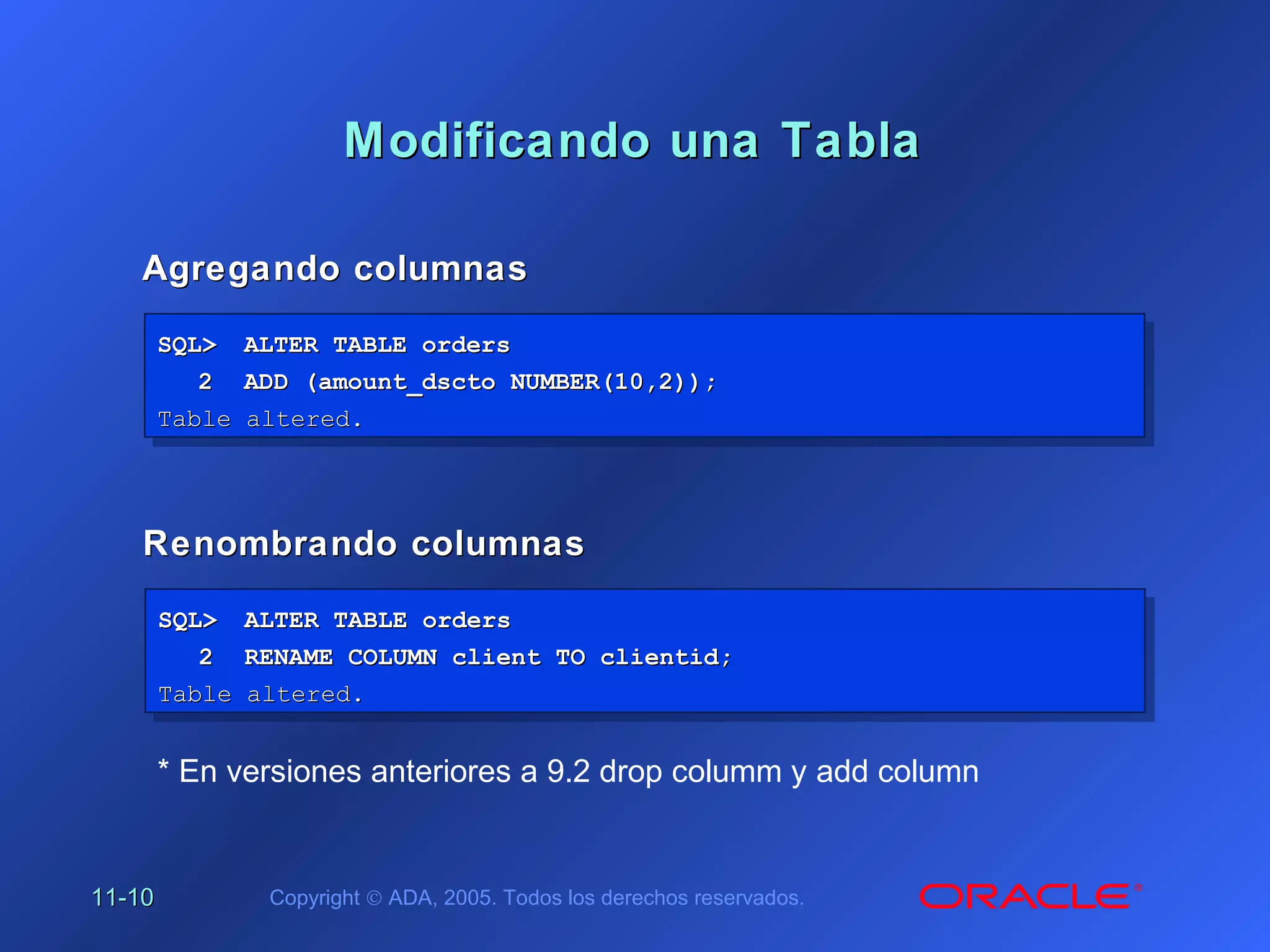 11-11-1010 Copyright © ADA, 2005. Todos los derechos reservados.
Modificando una TablaModificando una Tabla
Agregando columnasAgregando columnas
SQL>SQL> ALTER TABLE ordersALTER TABLE orders
22 ADD (amount_dscto NUMBER(10,2));ADD (amount_dscto NUMBER(10,2));
Table altered.Table altered.
SQL>SQL> ALTER TABLE ordersALTER TABLE orders
22 ADD (amount_dscto NUMBER(10,2));ADD (amount_dscto NUMBER(10,2));
Table altered.Table altered.
Renombrando columnasRenombrando columnas
SQL>SQL> ALTER TABLE ordersALTER TABLE orders
22 RENAME COLUMN client TO clientid;RENAME COLUMN client TO clientid;
Table altered.Table altered.
SQL>SQL> ALTER TABLE ordersALTER TABLE orders
22 RENAME COLUMN client TO clientid;RENAME COLUMN client TO clientid;
Table altered.Table altered.
* En versiones anteriores a 9.2 drop columm y add column
 
