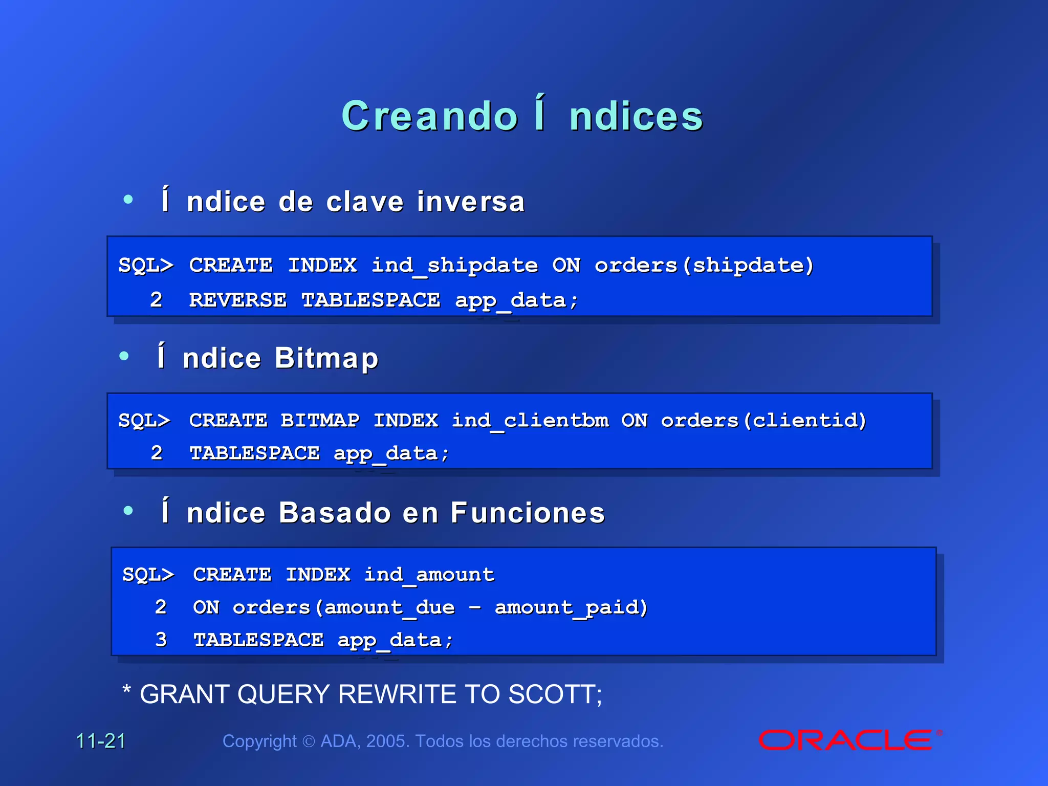 11-11-2121 Copyright © ADA, 2005. Todos los derechos reservados.
Creando Í ndicesCreando Í ndices
SQL>SQL> CREATE INDEX ind_shipdate ON orders(shipdate)CREATE INDEX ind_shipdate ON orders(shipdate)
22 REVERSE TABLESPACE app_data;REVERSE TABLESPACE app_data;
SQL>SQL> CREATE INDEX ind_shipdate ON orders(shipdate)CREATE INDEX ind_shipdate ON orders(shipdate)
22 REVERSE TABLESPACE app_data;REVERSE TABLESPACE app_data;
SQL>SQL> CREATE BITMAP INDEX ind_clientbm ON orders(clientid)CREATE BITMAP INDEX ind_clientbm ON orders(clientid)
22 TABLESPACE app_data;TABLESPACE app_data;
SQL>SQL> CREATE BITMAP INDEX ind_clientbm ON orders(clientid)CREATE BITMAP INDEX ind_clientbm ON orders(clientid)
22 TABLESPACE app_data;TABLESPACE app_data;
SQL>SQL> CREATE INDEX ind_amountCREATE INDEX ind_amount
22 ON orders(amount_due – amount_paid)ON orders(amount_due – amount_paid)
33 TABLESPACE app_data;TABLESPACE app_data;
SQL>SQL> CREATE INDEX ind_amountCREATE INDEX ind_amount
22 ON orders(amount_due – amount_paid)ON orders(amount_due – amount_paid)
33 TABLESPACE app_data;TABLESPACE app_data;
• Í ndice de clave inversaÍ ndice de clave inversa
• Í ndice BitmapÍ ndice Bitmap
• Í ndice Basado en FuncionesÍ ndice Basado en Funciones
* GRANT QUERY REWRITE TO SCOTT;
 