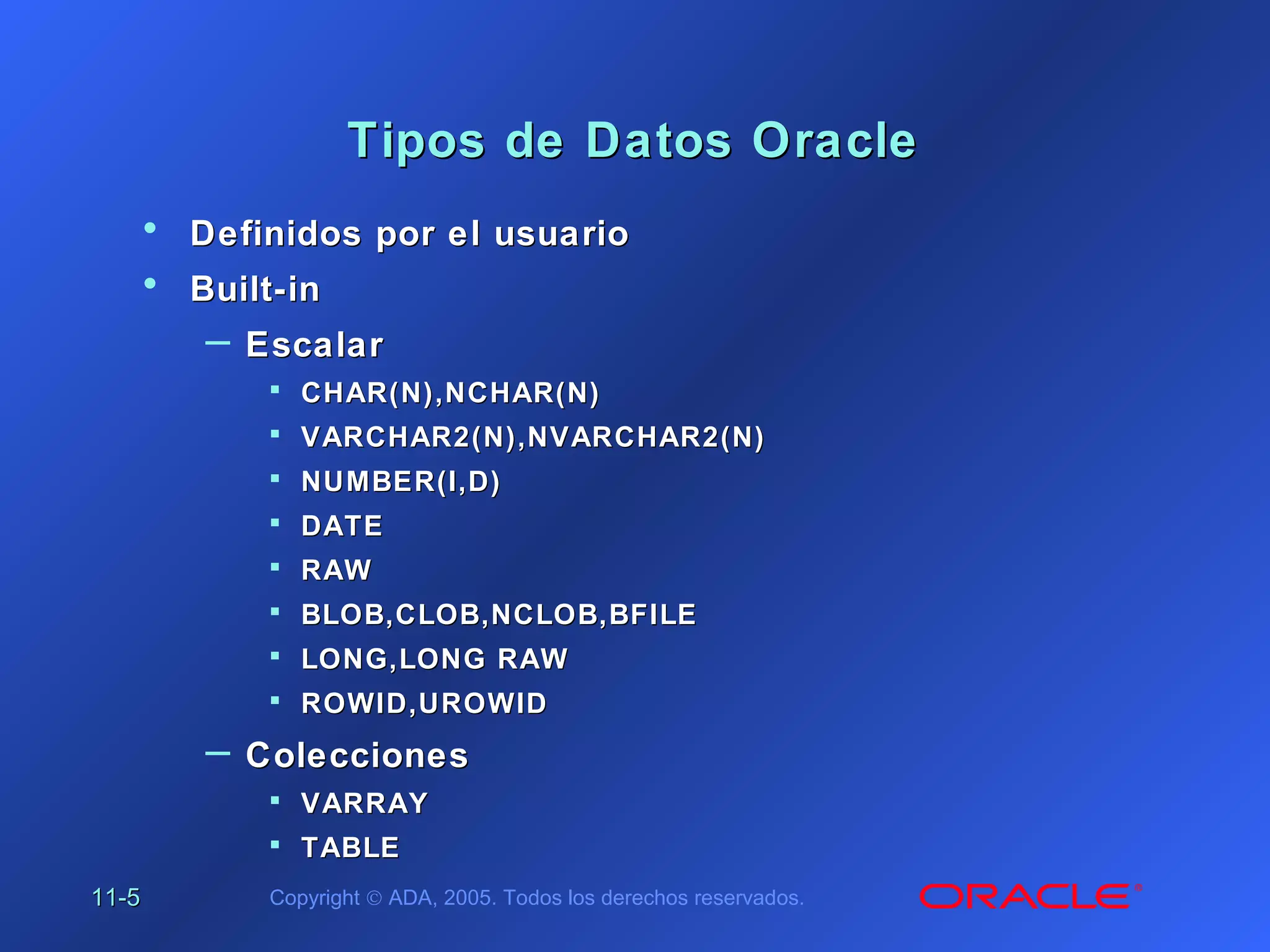 11-11-55 Copyright © ADA, 2005. Todos los derechos reservados.
Tipos de Datos OracleTipos de Datos Oracle
• Definidos por el usuarioDefinidos por el usuario
• Built-inBuilt-in
– EscalarEscalar
 CHAR(N),NCHAR(N)CHAR(N),NCHAR(N)
 VARCHAR2(N),NVARCHAR2(N)VARCHAR2(N),NVARCHAR2(N)
 NUMBER(I,D)NUMBER(I,D)
 DATEDATE
 RAWRAW
 BLOB,CLOB,NCLOB,BFILEBLOB,CLOB,NCLOB,BFILE
 LONG,LONG RAWLONG,LONG RAW
 ROWID,UROWIDROWID,UROWID
– ColeccionesColecciones
 VARRAYVARRAY
 TABLETABLE
 