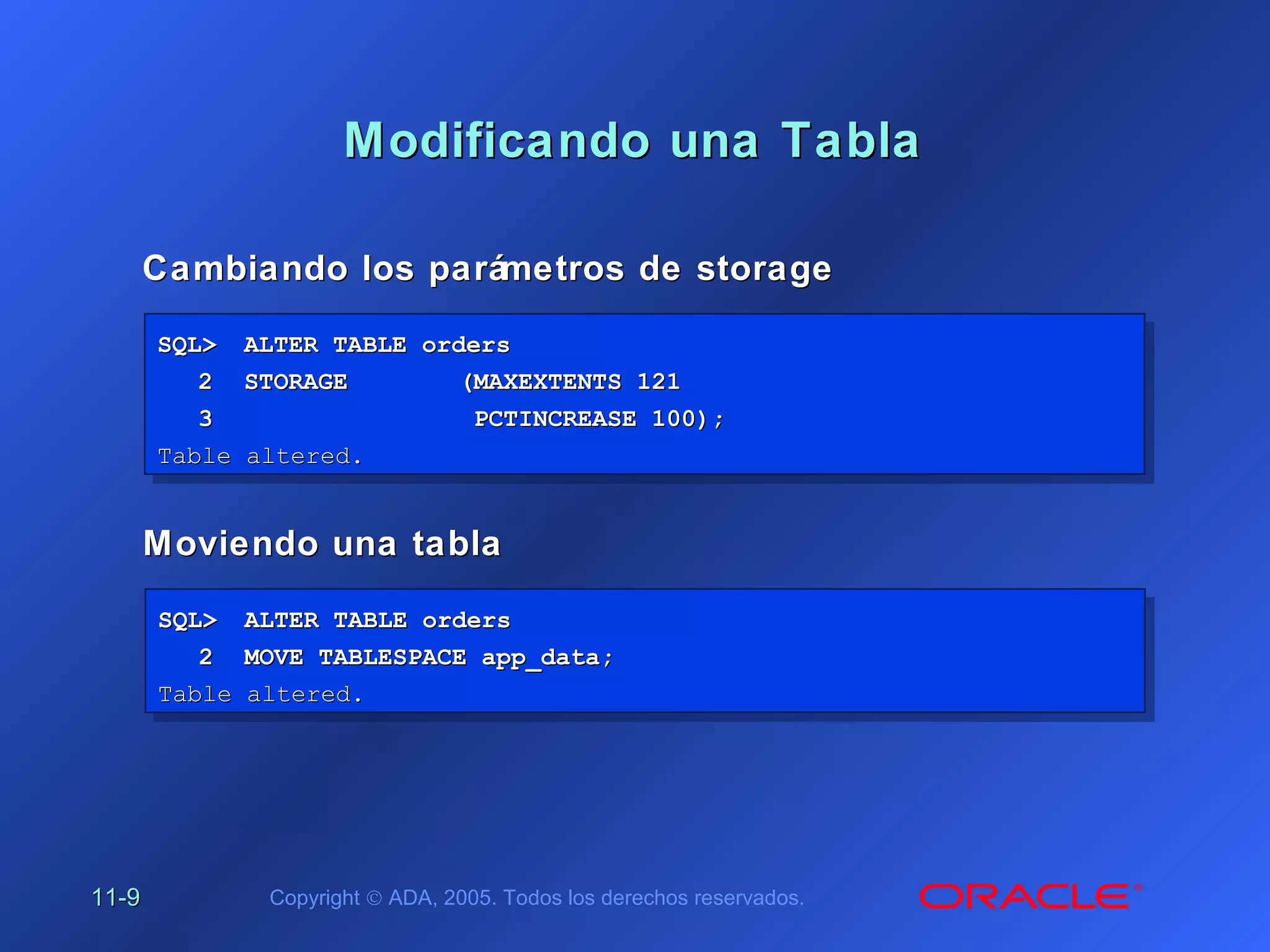 11-11-99 Copyright © ADA, 2005. Todos los derechos reservados.
Modificando una TablaModificando una Tabla
Cambiando los parámetros de storageCambiando los parámetros de storage
SQL>SQL> ALTER TABLE ordersALTER TABLE orders
22 STORAGESTORAGE (MAXEXTENTS 121(MAXEXTENTS 121
33 PCTINCREASE 100);PCTINCREASE 100);
Table altered.Table altered.
SQL>SQL> ALTER TABLE ordersALTER TABLE orders
22 STORAGESTORAGE (MAXEXTENTS 121(MAXEXTENTS 121
33 PCTINCREASE 100);PCTINCREASE 100);
Table altered.Table altered.
Moviendo una tablaMoviendo una tabla
SQL>SQL> ALTER TABLE ordersALTER TABLE orders
22 MOVE TABLESPACE app_data;MOVE TABLESPACE app_data;
Table altered.Table altered.
SQL>SQL> ALTER TABLE ordersALTER TABLE orders
22 MOVE TABLESPACE app_data;MOVE TABLESPACE app_data;
Table altered.Table altered.
 