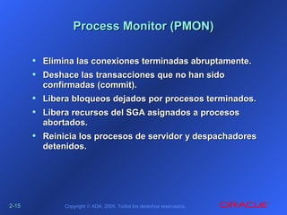 2-2-1515 Copyright © ADA, 2005. Todos los derechos reservados.
Process Monitor (PMON)Process Monitor (PMON)
• Elimina las conexiones terminadas abruptamente.Elimina las conexiones terminadas abruptamente.
• Deshace las transacciones que no han sidoDeshace las transacciones que no han sido
confirmadas (commit).confirmadas (commit).
• Libera bloqueos dejados por procesos terminados.Libera bloqueos dejados por procesos terminados.
• Libera recursos del SGA asignados a procesosLibera recursos del SGA asignados a procesos
abortados.abortados.
• Reinicia los procesos de servidor y despachadoresReinicia los procesos de servidor y despachadores
detenidos.detenidos.
 