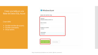Crear unatablaen una
BasedeDatosSQLAzure
Creartabla
 Escribirnombredeusuario.
 Escribircontraseña.
 Iniciarsesión.
 